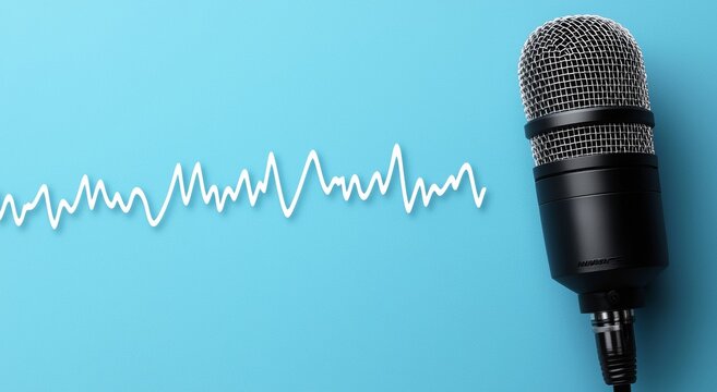 Microphone with Sound Waves on Blue Background, symbolizing podcasting and audio content, featuring a gradient backdrop and space for text.