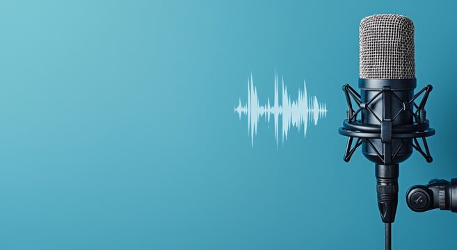 Microphone with Sound Waves on Blue Background, vibrant audio representation, ideal for podcasting themes, ample space for text above