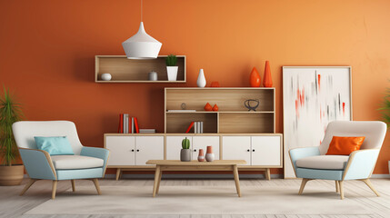Mid Century Modern Living Room Interior Orange Walls Wooden Furniture Armchairs