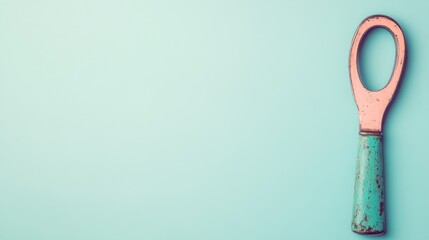 Vintage kitchen utensil with a turquoise handle on a light background.