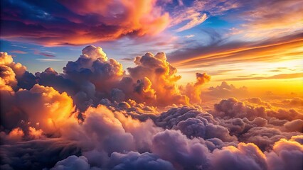 Fototapeta premium A breathtaking sunset viewed from above, showcasing a vibrant array of colors illuminating fluffy cumulus clouds in a dramatic and awe-inspiring display.