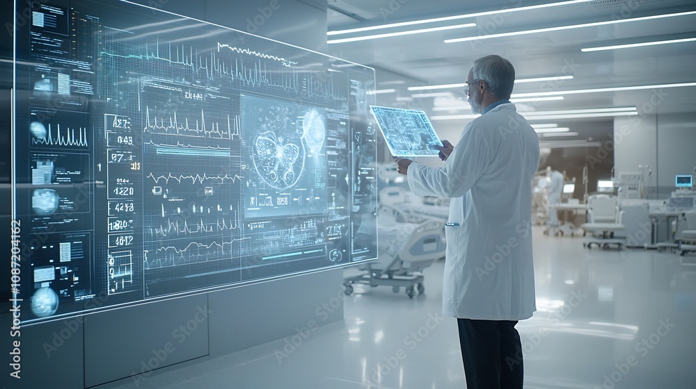 Poster doctor analyzing cutting edge holographic medical charts and data visualizations in a sterile high t