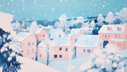 Gouache Painting of Snow Falling in Matisse Style, Idyllic Snowy Town with Pastel Pink and Blue Palette