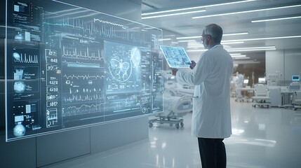 Doctor analyzing cutting edge holographic medical charts and data visualizations in a sterile high tech hospital environment with state of the art diagnostic equipment and a moody sci fi atmosphere