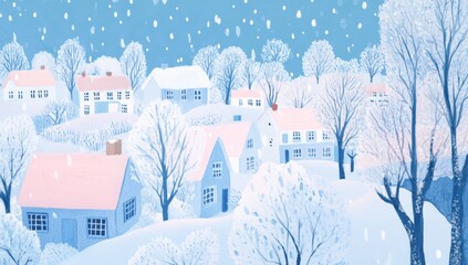 Gouache Painting of Snow Falling in Matisse Style, Idyllic Snowy Town with Pastel Pink and Blue Palette