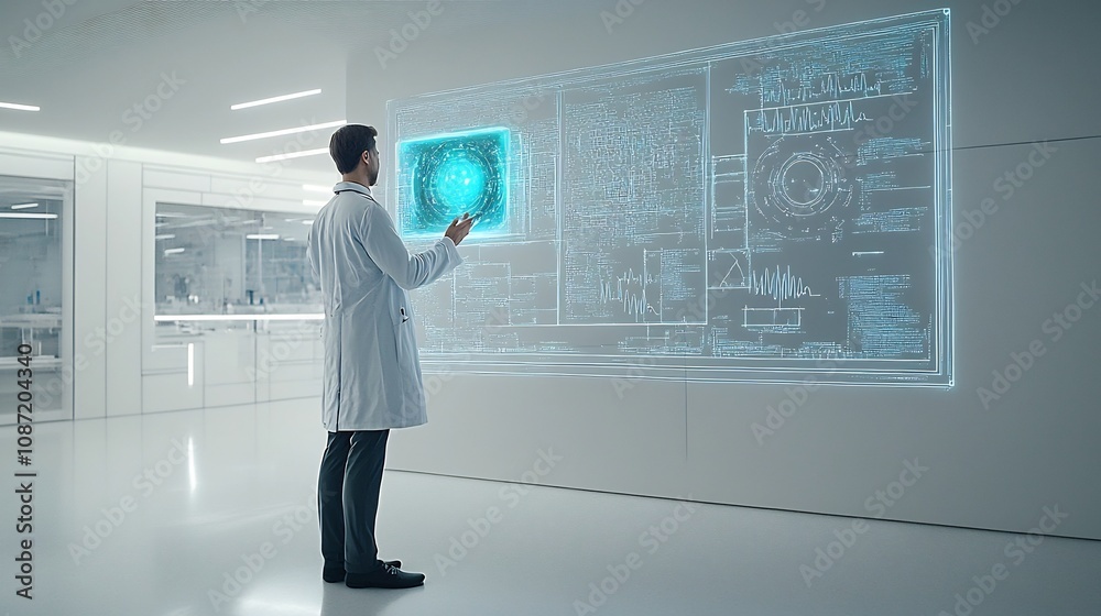 Aufkleber Doctor using advanced holographic interface to analyze and visualize complex medical data on a sleek digital screen showcasing the future of healthcare technology and clinical diagnostics