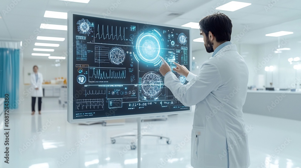 Poster doctor using a sleek minimalist holographic interface to analyze advanced medical data and diagnosti