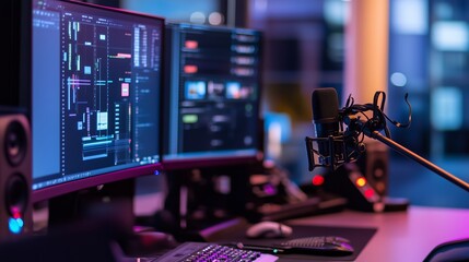 A studio microphone sits in front of two computer monitors, likely preparing for a recording session