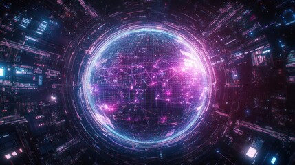 Obraz premium A digital representation of a glowing, interconnected globe surrounded by vibrant circuitry.