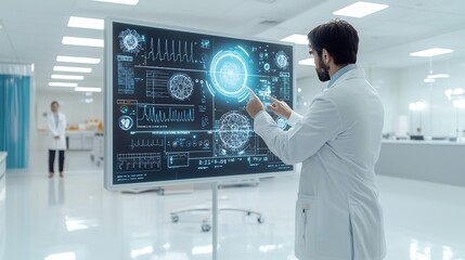 Doctor using a sleek minimalist holographic interface to analyze advanced medical data and diagnostic tools in a clean clinical setting with futuristic cinematic lighting