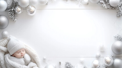 Festive Winter Wonderland: White and Silver Christmas Decorations on a Rustic Wooden Table, Perfect for Holiday Greetings or Product Displays.