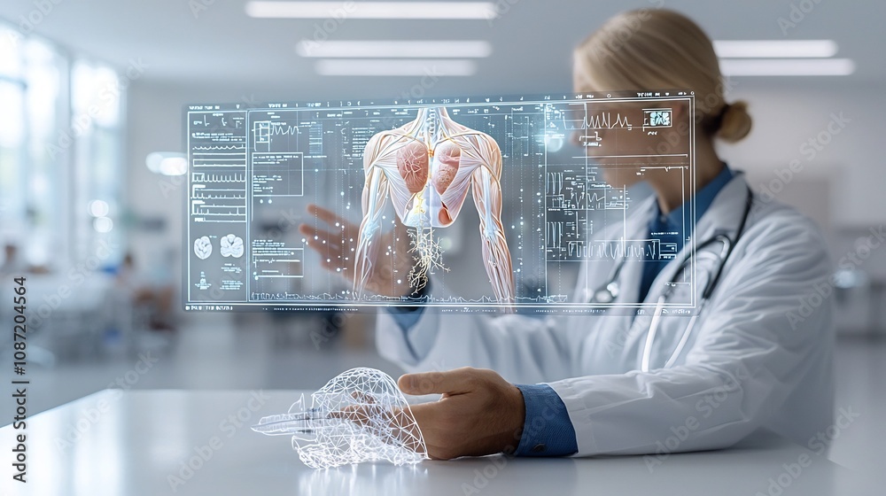 Poster futuristic doctor consulting a detailed holographic 3d model of a patient s anatomy using intuitive 