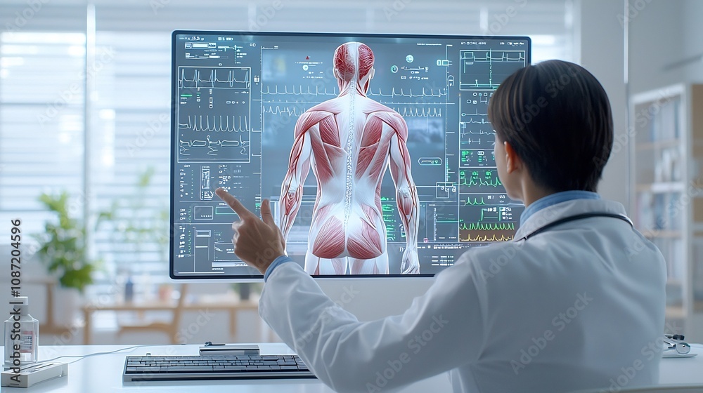 Poster Doctor using advanced holographic 3D visualization to consult detailed patient anatomy model in a high tech minimalist hospital setting with intuitive gesture based controls and precision diagnostics