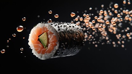 Obraz premium Pristine Sushi Roll Cross-Section: Marbled Salmon, Emerald Avocado, Soy Sauce Droplets, and Black Sesame Seeds on Black Background. High-Res Commercial Food Photography.