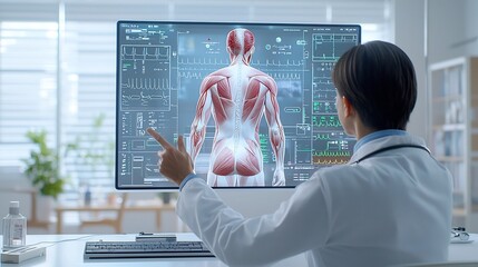Doctor using advanced holographic 3D visualization to consult detailed patient anatomy model in a high tech minimalist hospital setting with intuitive gesture based controls and precision diagnostics