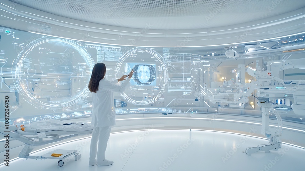 Poster doctor or medical professional reviewing holographic projections of advanced medical scans and data 