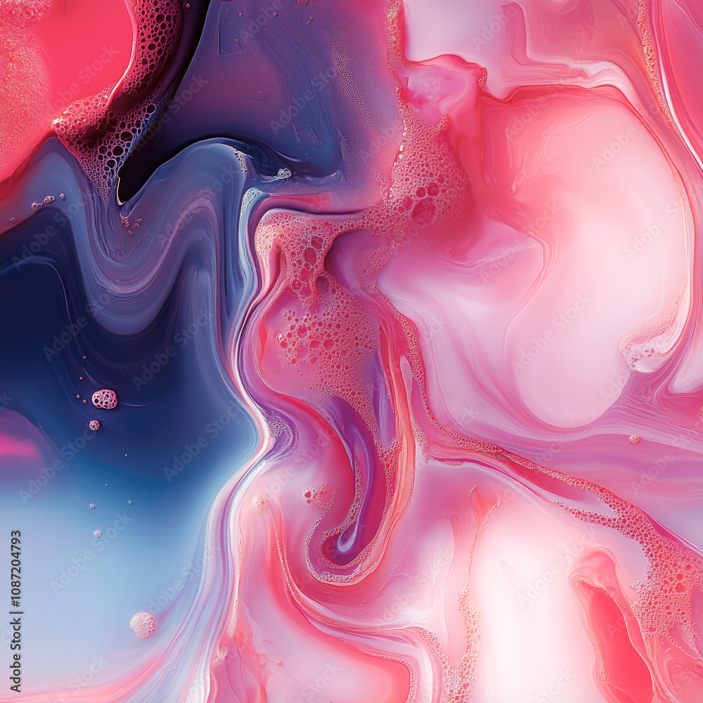 Poster Abstract composition in soft shades of pink, red and blue, where flowing lines create layered, undulating shapes that intertwine. Bubbles and smooth transitions between shades give the composition dep