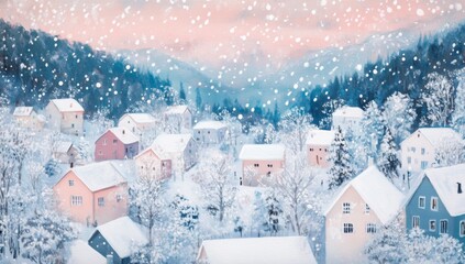 Gouache Painting of Snow Falling in Matisse Style, Idyllic Snowy Town with Pastel Pink and Blue Palette