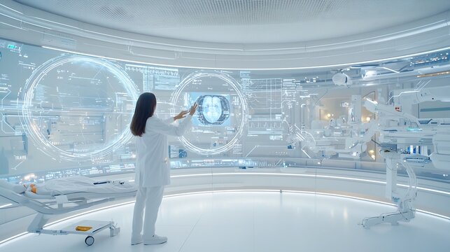 Doctor or medical professional reviewing holographic projections of advanced medical scans and data using innovative healthcare technology for seamless human computer interaction