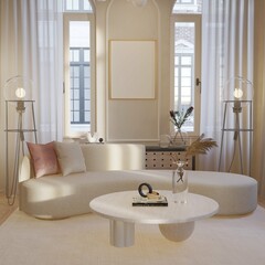 modern contemporary style of living room interior with warmth ambience. there is poster framed mockup on the wall. 3d illustration