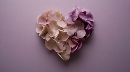 Fototapeta premium Heart-shaped bouquet of pink and purple flowers on lilac background for Valentine's Day