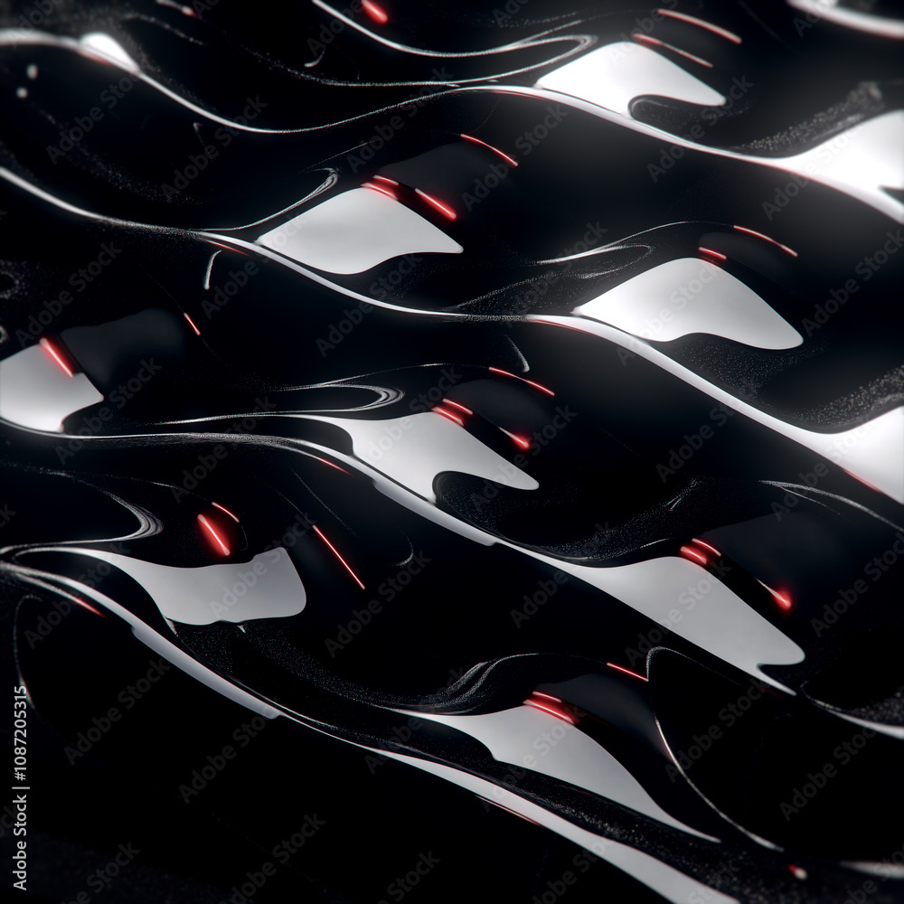 Aufkleber Abstract glossy black lines curving in waves with soft highlights. Bright red highlights between the waves add depth and mystery