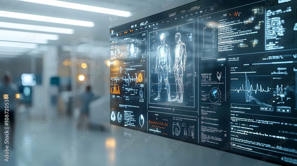 Poster Futuristic AI Powered Holographic Healthcare Interface Showcasing Intelligent Treatment Recommendations Multi Layered Interactive UI and Biometric Sensor for Seamless Patient Consultations