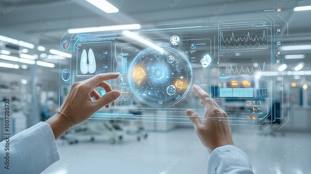 Poster Floating Holographic Data Visualizations and Streamlined Gesture Based User Experience in a Futuristic Avant Garde Cyberpunk Inspired Medical Research Facility