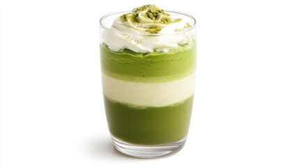 Creamy Matcha Dessert in a Clear Glass with Layers of Green Tea, Vanilla Cream, and Topped with Whipped Cream and Green Tea Powder for a Refreshing Treat
