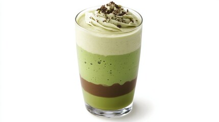 Creamy Layers of Matcha and Chocolate Shake in a Tall Glass Garnished with Whipped Cream and Chocolate Sprinkles for a Refreshing Dessert Experience