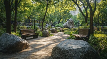 Fototapeta premium Urban oasis featuring artistic sculptures, inviting benches, and majestic natural boulders, creating a harmonious outdoor retreat.