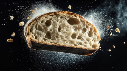 Artisanal Sourdough Bread Slice in Dramatic Focus: Rustic Crust, Airy Holes, and Floating Flour Dust on Black Background. High-Resolution Commercial Food Photography.