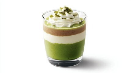 Creamy Layered Dessert with Matcha, Chocolate, and Whipped Topping in a Clear Glass Cup on a White Background