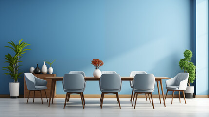 Obraz premium Modern Dining Room Interior Blue Wall Wooden Table Gray Chairs