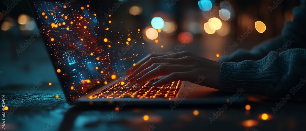 Poster Business person typing on a laptop with floating icons for document management and data protection, modern technology, generative AI innovation