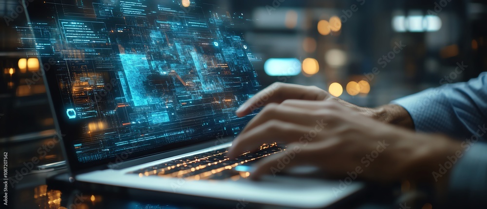 Poster Business person typing on a laptop with floating icons for document management and data protection, modern technology, generative AI innovation