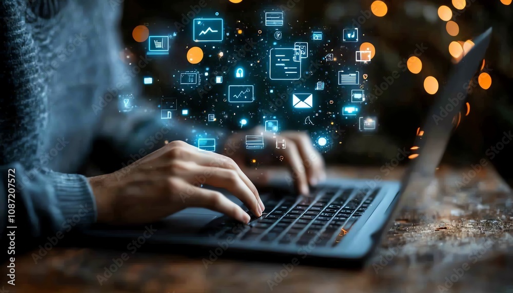Poster business person typing on a laptop with digital icons floating above, symbolizing online document ma
