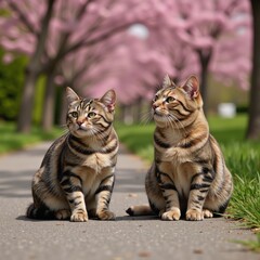 Obraz premium A charming photograph captures two fluffy American Shorthairs basking in the sun on a picturesque Spring day amidst blossoming flowers hanging from trees