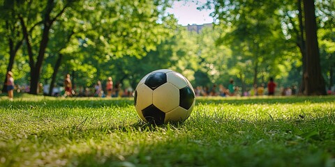 Obraz premium Soccer Ball on a Green Grass Field in a Sunny Park