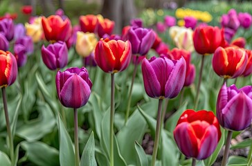 Obraz premium A field of red and purple tulips, with yellow accents, in full bloom on the right side of the frame
