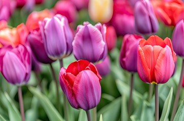 Fototapeta premium A field of red and purple tulips in full bloom, with some yellow accents.