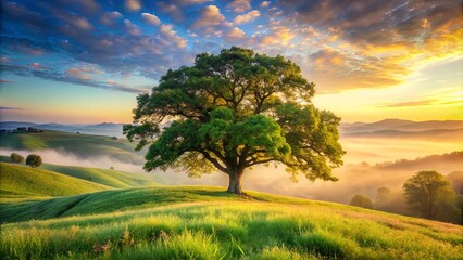 Fototapeta premium Serene Sunrise Over Rolling Hills with Majestic Tree