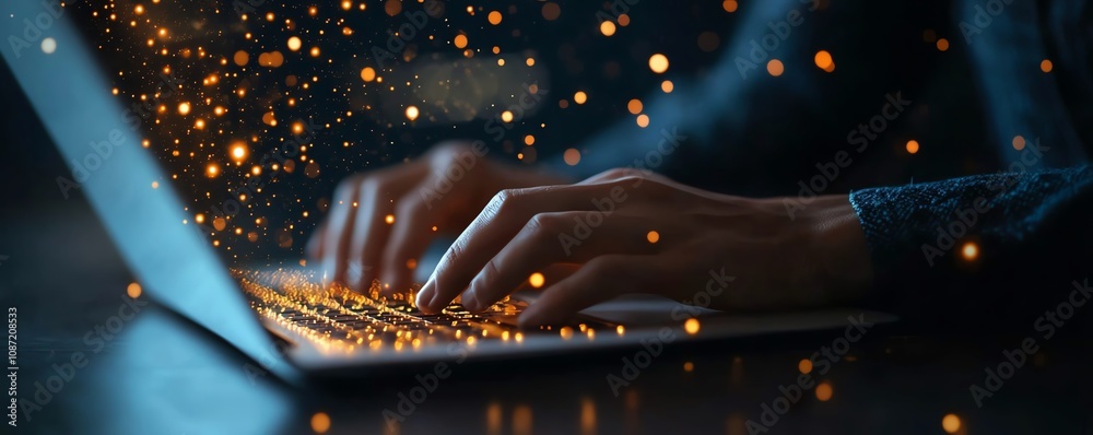 Poster closeup of business person s hands typing on a laptop, digital icons for data protection and digital