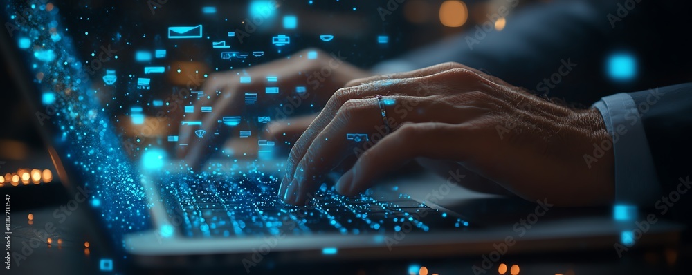 Aufkleber closeup of business person s hands typing on a laptop, digital icons for data protection and digital