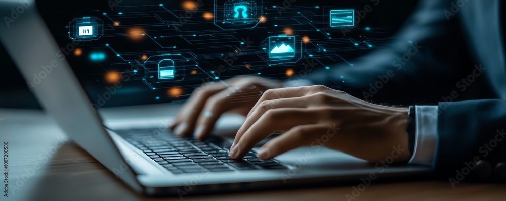 Leinwandbilder closeup of business person s hands typing on a laptop, digital icons for data protection and digital
