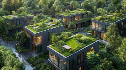 Green Rooftops Community, charming residential area featuring nature-inspired homes, lush greenery, and inviting neighborhood atmosphere