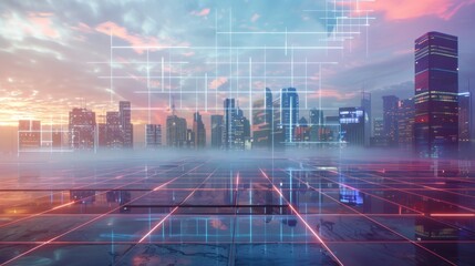 Empty square floor with city skyline background, Downtown plaza with skyscrapers silhouette, dusk light
