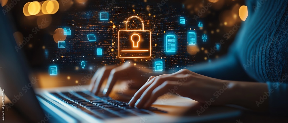 Poster closeup of hands on a laptop, digital icons for data protection and document management floating abo