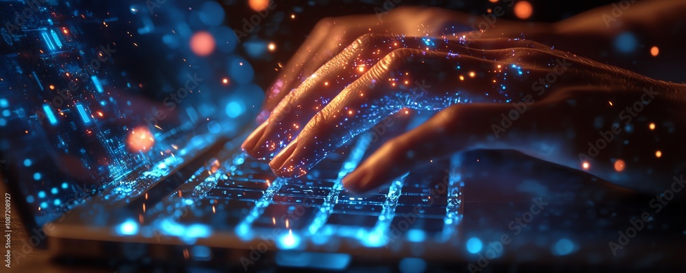 Poster Closeup of hands typing on a laptop, digital icons floating above, representing online document management and data protection, generative AI technology