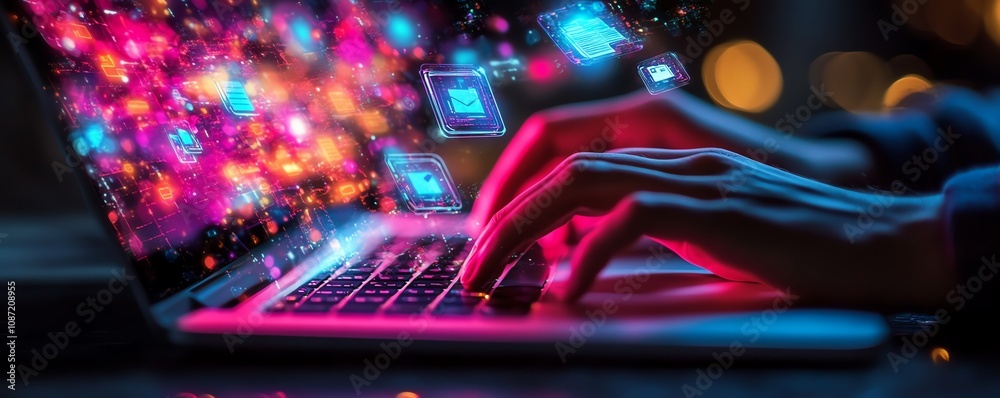 Poster closeup of hands typing on a laptop, digital icons floating above, representing online document mana